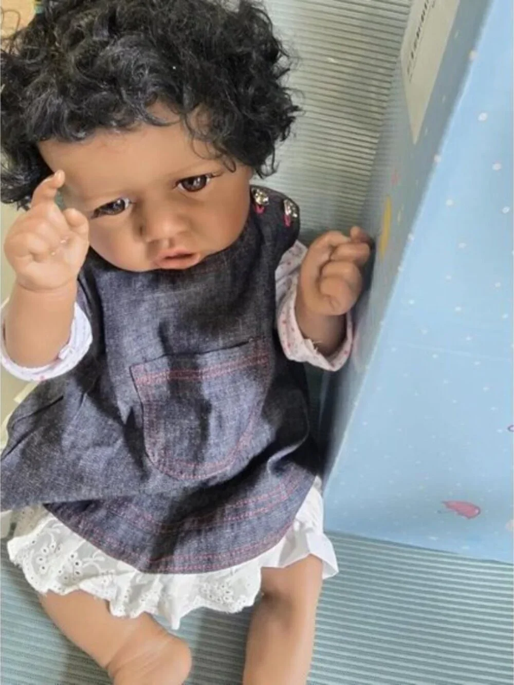 22 Inch Realistic Black Reborn Baby Girl Doll Open Brown Eyes Curly Hair